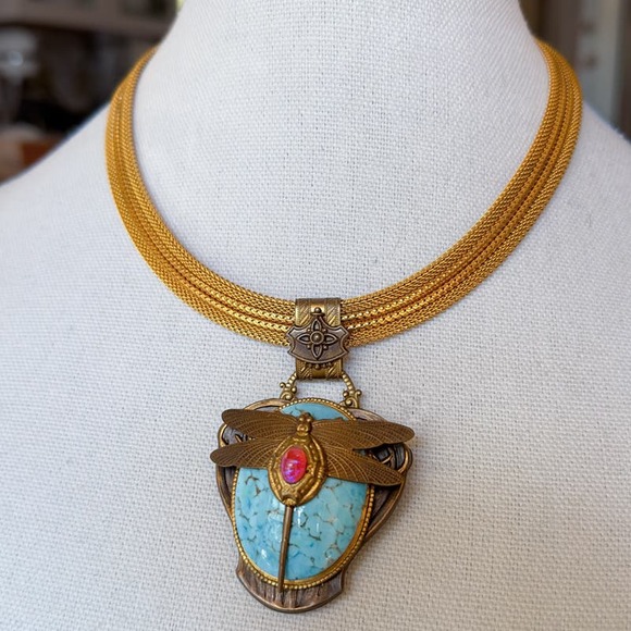 Patrice Art Nouveau Style Dragonfly Necklace Faux Turquoise Dragon's-Breath Opal - Picture 12 of 12